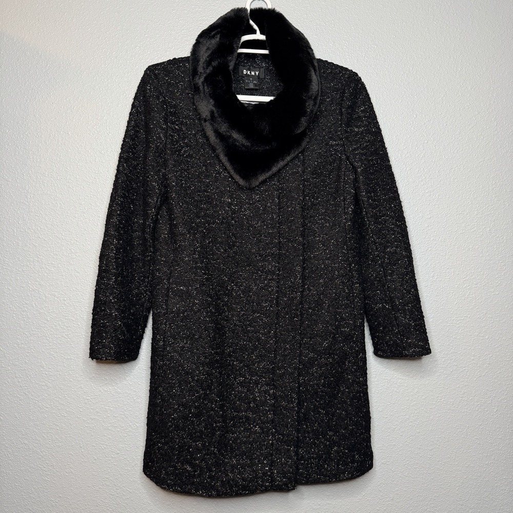 DKNY Wool Blend Faux Fur Collar Coat Black Boucle Winter Jacket M Quiet Luxury